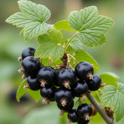 Cluster of ripe 'Titania' blackcurrants with glossy dark berries & vibrant green leaves on a branch, blurred natural background.